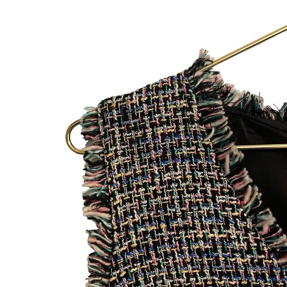 J. Crew Fringe V Neck Sleeveless Tweed Gold Button Black Pink Shift Dress Size 8 - Picture 4 of 9